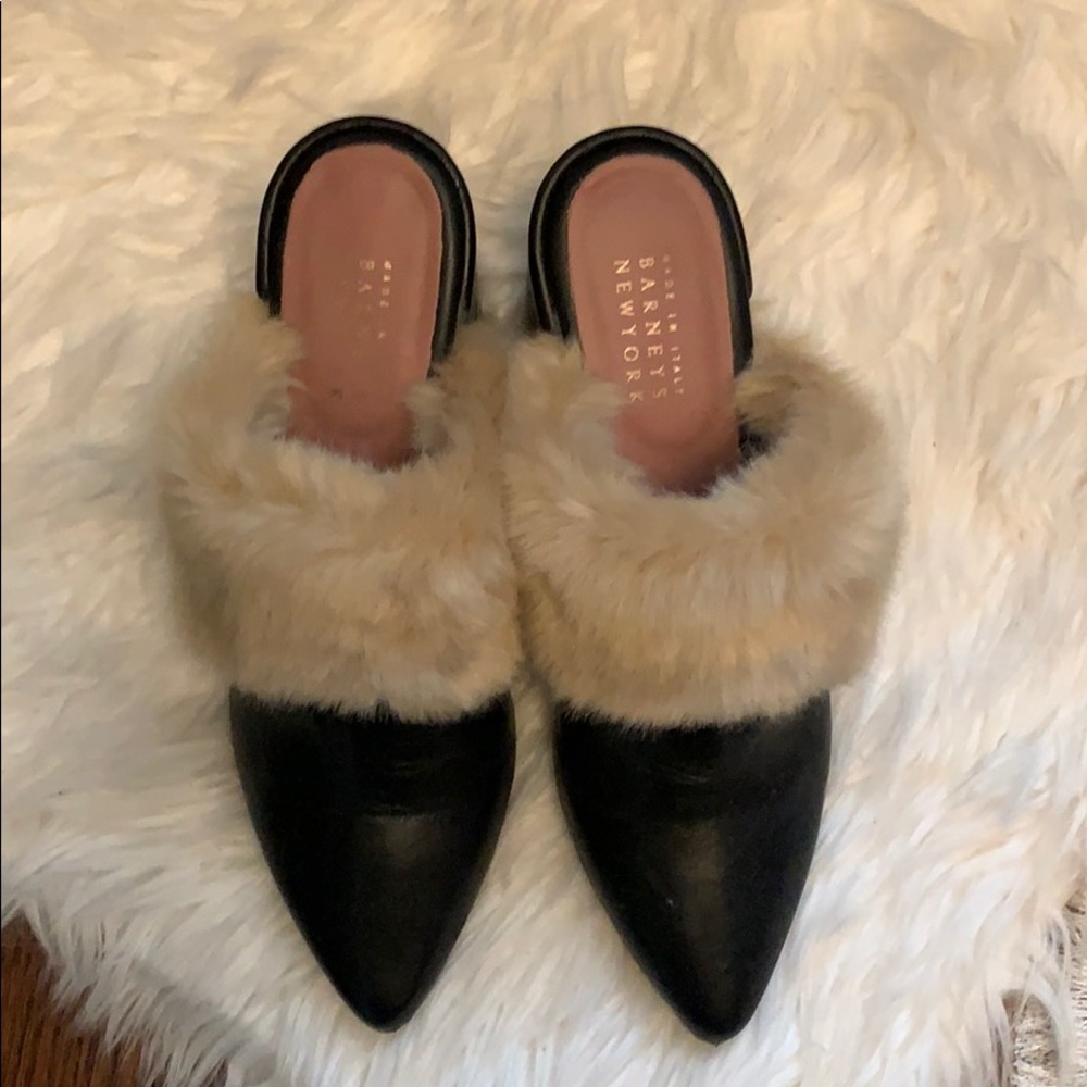 Barney’s Black Fur Heeled Mules